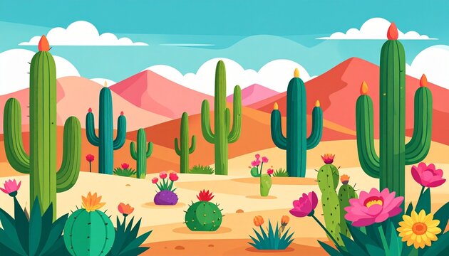 Vibrant cartoon landscape with cacti and desert flowers.