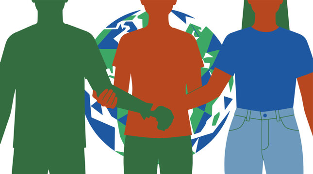 People linking arms with globe behind representing global unity and support.