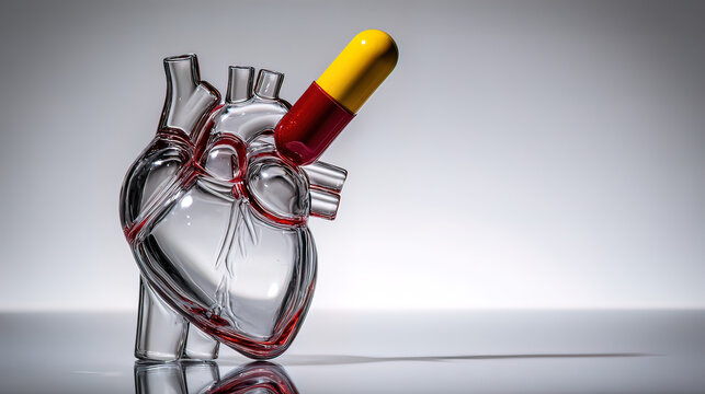 statin. An abstract glass sculpture of a human heart, with a single statin pill balanced on its top. event programs, museum guides, designed for cultural heritage projects and event programs.
