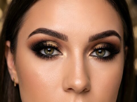 Close up of woman's eyes with dramatic gold and brown eyeshadow makeup