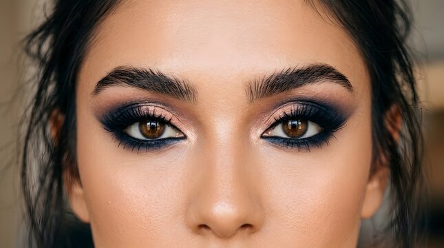 Dramatic smoky eye makeup look close up of woman's eyes