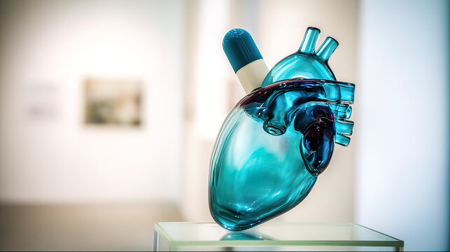 statin. An abstract glass sculpture of a human heart, with a single statin pill balanced on its top. event programs, museum guides, designed for cultural heritage projects and event programs.
