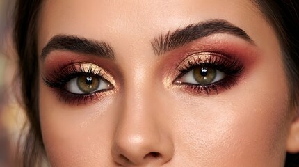 Naklejka premium Close up of woman's eyes with dramatic copper and gold eyeshadow makeup