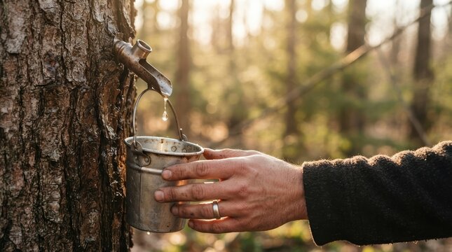 Adult male hand collecting fresh maple sap in metal bucket from tapped tree in spring forest for syrup production