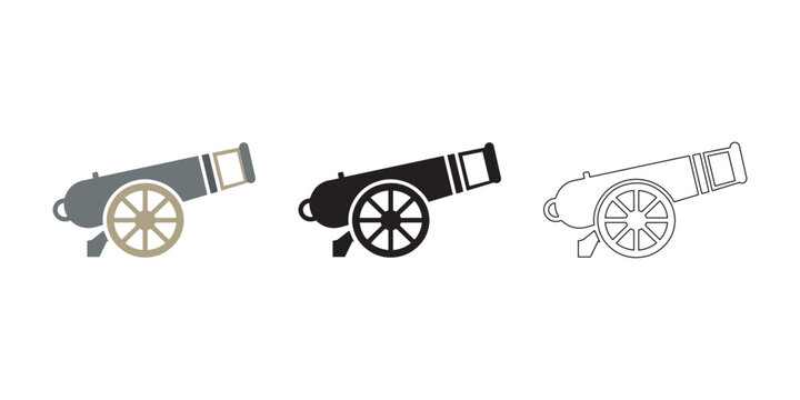 Cannon icon in vintage style solid black and outline variations for historical themes.