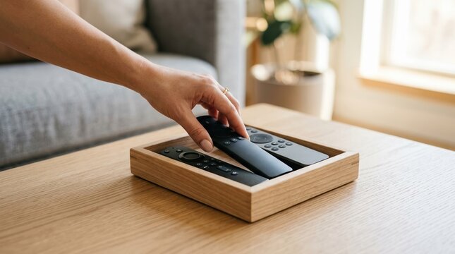Hand picking up a remote control from a wooden tray on a coffee table in a modern living room interior