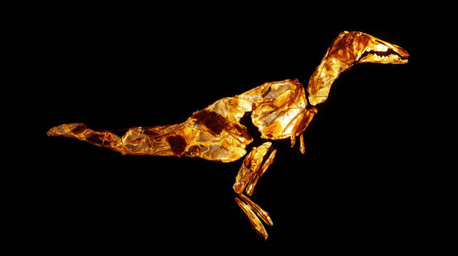 rearranged. Fossilized bone fragments suspended as glowing puzzle pieces forming an unknown dinosaur silhouette. wildlife magazines.

