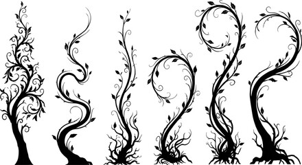 Collection of black silhouette climbing vines, twisted trees, and decorative floral creeping plants for fantasy graphic design © mokbul
