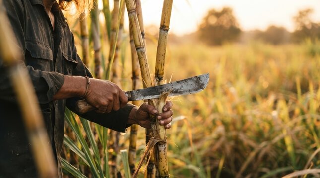 Male sugarcane farmer harvesting crop with machete in field at sunset for agricultural industry and food production