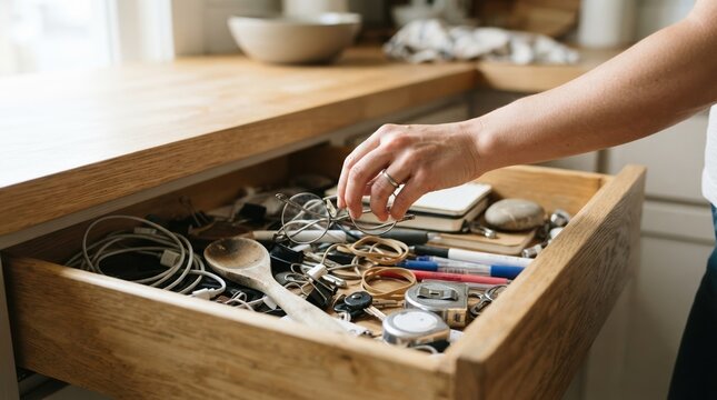 Woman searching through a cluttered kitchen junk drawer for lost items at home representing disorganization and household chaos