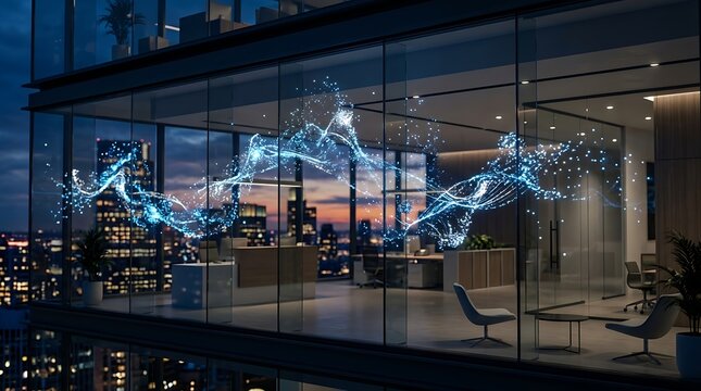 Digital data wave flowing through a modern office at night