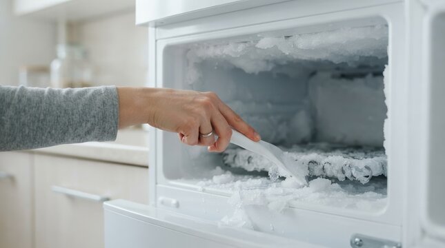Woman defrosting freezer compartment with plastic scraper to remove ice buildup for home appliance maintenance