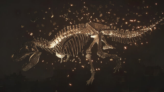 rearranged. Fossilized bone fragments suspended as glowing puzzle pieces forming an unknown dinosaur silhouette. wildlife magazines.
