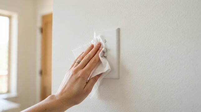 Woman cleaning light switch with disinfectant wipe for home hygiene and sanitization to prevent germs and bacteria spread