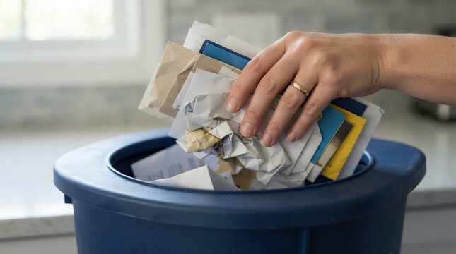 Person throwing junk mail into blue trash bin for decluttering and waste management concept