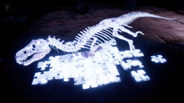 rearranged. Fossilized bone fragments suspended as glowing puzzle pieces forming an unknown dinosaur silhouette. wildlife magazines.
