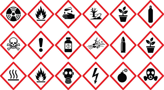 Hazard warning sign vector icon set featuring GHS chemical danger pictograms with red diamond borders showing symbols for toxic flammable explosive and radioactive materials.
