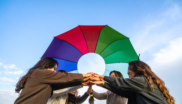 Person holding colorful umbrella against clear sky.