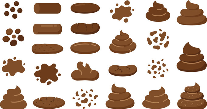 Bristol Stool Chart Type Classification Vector Illustration Set with Various Feces Forms Formats Pellets Splatters and Swirls on White Background