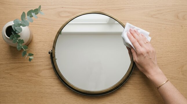 Woman cleaning round brass mirror on wooden table with cloth for home maintenance and interior hygiene concept