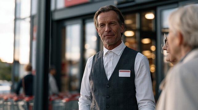 Customer greeter in a crisp uniform welcoming an elderly couple through the automatic glass doors of a large wholesale store, shopping carts gleaming in a row, morning light