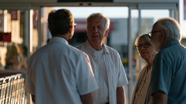 Customer greeter in a crisp uniform welcoming an elderly couple through the automatic glass doors of a large wholesale store, shopping carts gleaming in a row, morning light