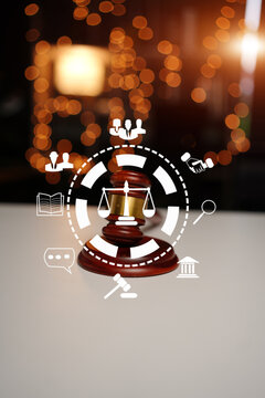Wooden Gavel and Digital Legal Interface Icons Amidst Golden Bokeh Lights