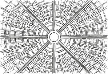Hand drawn line art sketch of a radial city map top view with concentric streets and central plaza © mokbul