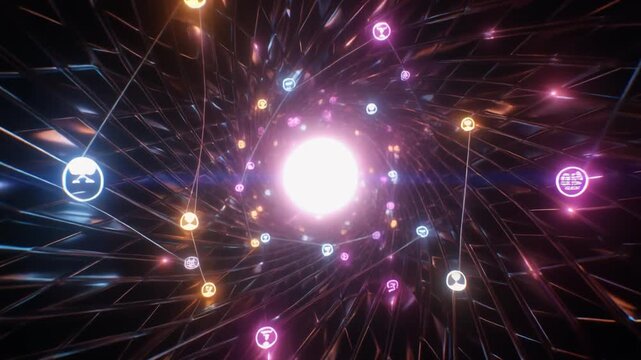 Glowing sphere radiates emotional energy, swirling tunnel reflects digital depth, emoji icons orbit in luminous network, symbolizing AI connectivity, human feelings, and futuristic communication.