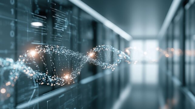 Futuristic digital representation of DNA spiral in glowing particles with data code overlay in high-tech server room or laboratory environment with bokeh lights