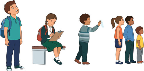 Obraz premium Diverse School Children Activity Vector Character Set with Kids Standing, Writing on Clipboard, Looking Up, Cleaning Window, and Waiting in Queue Line