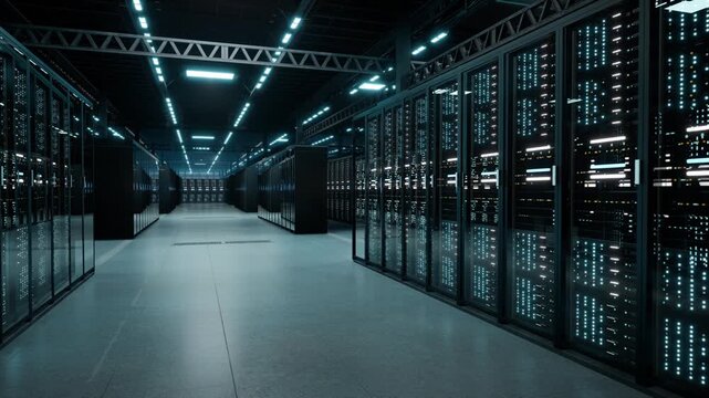 CGI of a data center with dark corridors lined with glowing server racks and blue LEDs. Ideal for technology, AI, cybersecurity, and business content. Rendered in Unreal Engine.