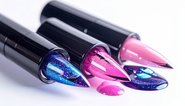 Cats eye nail polish: A macro product shot of 3D magnetic cat eye nail lacquer bottles and high-gloss sample tips, isolated on white.