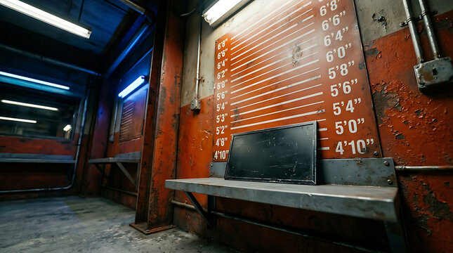 Mugshot lineup backdrop panel with height measurement markers in prison