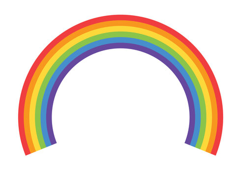 colorful rainbow arch with seven color bands. red orange yellow green blue and purple stripes. curved half circle sky symbol. flat simple illustration on white background
