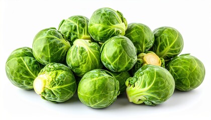 Fototapeta premium A heap of fresh green Brussels sprouts on white background, culinary ingredients, vegetable variety.
