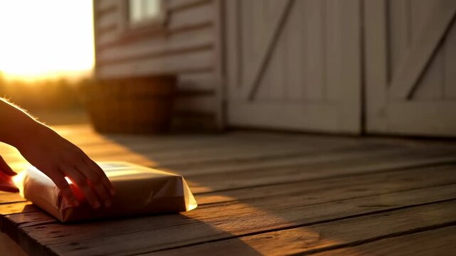 Left hand lowering wrapped parcel onto weathered wooden porch at golden hour with soft sunlight, rustic barn doors softly blurred in background and warm shadows across planks