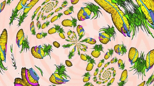 Seamless funny animation of sketch pineapples. Geometric graphic spiral 