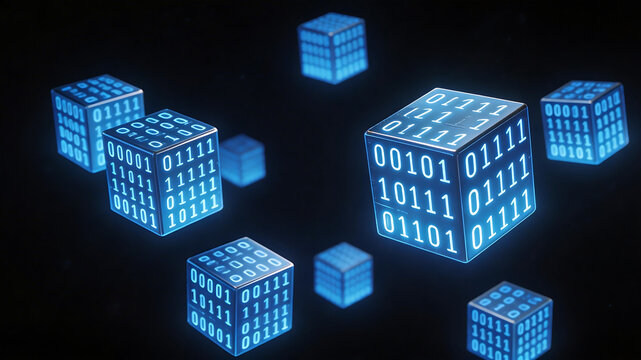 Blue cubes with binary code on dark background