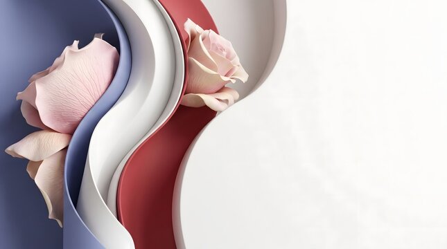 Premium living design display backdrop with pastel tricolor layered plinth structures and matte french rose petals lower right copy space