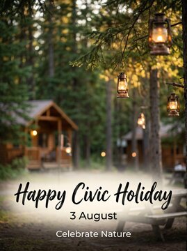 Happy civic holiday greeting with lanterns with displays festive greeting card lanterns cabins misty forest celebration