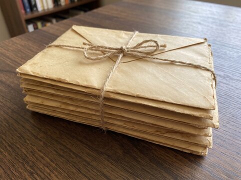 Main Subject: A stack of vintage, handwritten letters tied with natural twine.