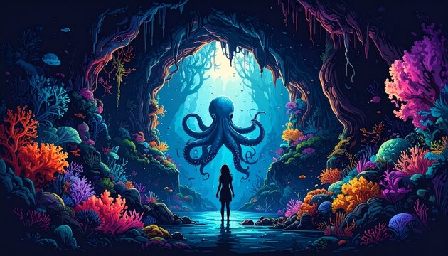 Mystical blue humanoid figure in vibrant digital fantasy scene.
