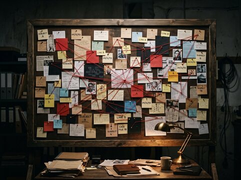 Main Subject: A wooden detective evidence board filled with notes, photos, and red string connections