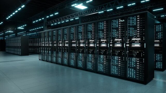 CGI of a data center with dark corridors lined with glowing server racks and blue LEDs. Ideal for technology, AI, cybersecurity, and business content. Rendered in Unreal Engine.