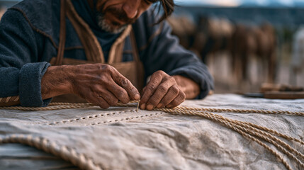 Fototapeta premium Middle aged Argentine gaucho repairing leather saddle stitching on a fence rail, horses tethered in the background of a wide dusty estancia yard, the close-up on weathered hands