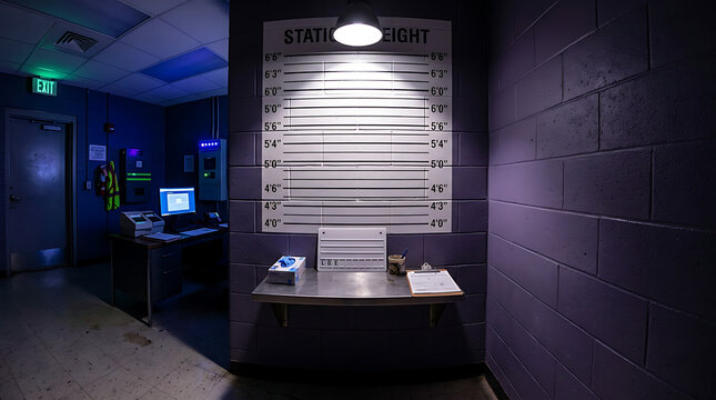 Police mugshot lineup backdrop wall with height scale measurement lines