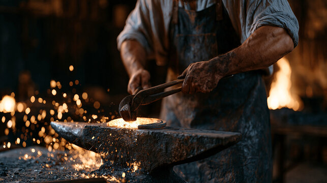 Blacksmith with soot-dusted forearms and leather apron grips tongs over a glowing forge in a traditional workshop, hammering a horseshoe on an iron anvil, sparks cascading across