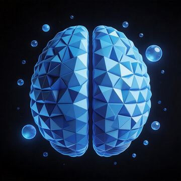 Blue geometric brain with bubbles