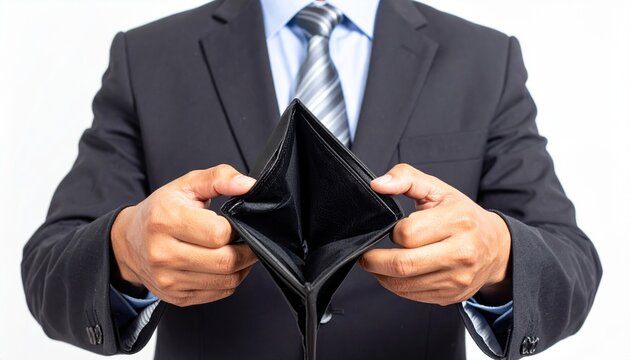 A business person holding open a completely empty black leather wallet, displaying financial failure and bankruptcy on white.
